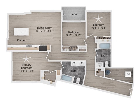 Floor plan for 3 beds, 2 baths, 1368 sqft